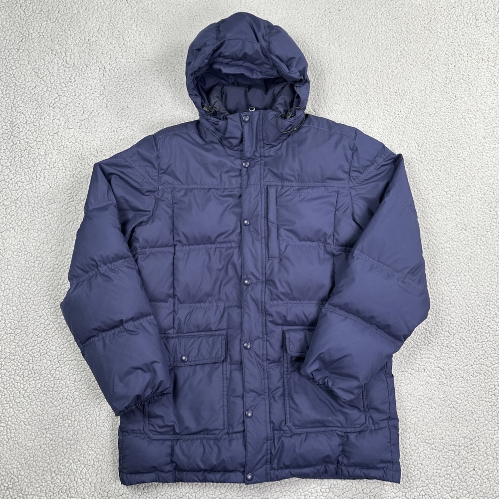 LL Bean Puffer Downtek Jacket Men Medium Reg Blue Removable Hood Pertex 295958 - Picture 1 of 16